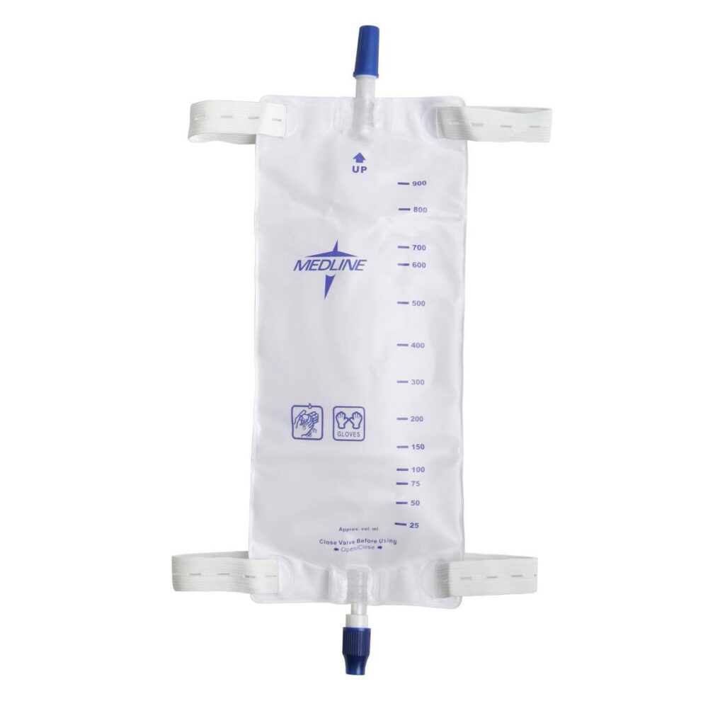 Urinary Leg Drain Bags with Elastic Straps, Vinyl Back, Twist Valve, Large, 900 mL